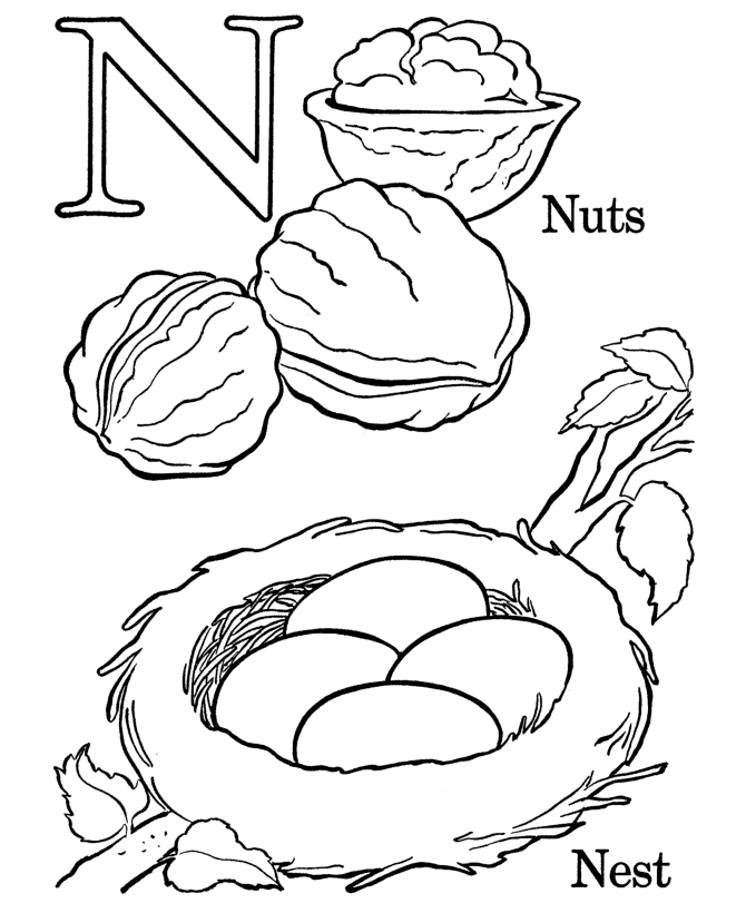 Letters & Objects Coloring Pages - N